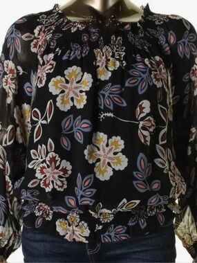 Tory Burch Women's Navy Floral Smocked Neck Blouse 4